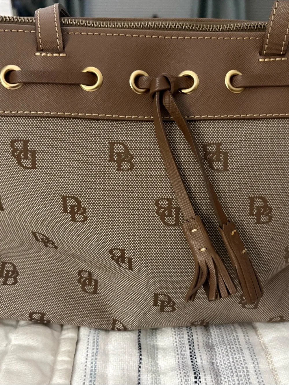 Vintage Dooney & Bourke Signature Monogram Canvas Tassel Tote Bag – Never Used